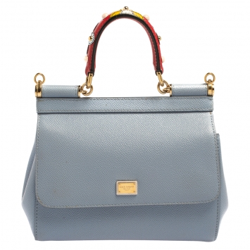 Pre Owned Dolce & Gabbana Powder Blue Embellished Leather Small Miss Sicily Top Handle Bag