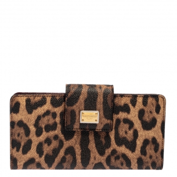 Pre Owned  Dolce & Gabbana Brown/Black Leopard Print Coated Canvas Continental Wallet