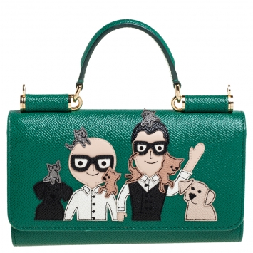 Pre Owned Dolce & Gabbana Green Leather Family Patch Miss Sicily Von Wallet on Chain
