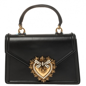 Pre Owned Dolce & Gabbana Black Leather Small Devotion Top Handle Bag