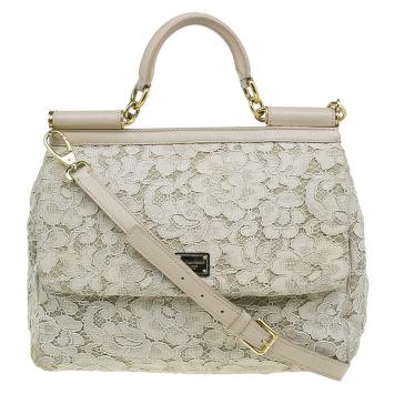 Pre Owned Dolce and Gabbana Beige Lace Leather Medium Miss Sicily Bag