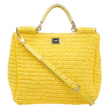 Pre Owned Dolce and Gabbana Yellow Woven Raffia Miss Sicily Tote Bag