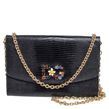 Pre Owned Dolce & Gabbana Black Lizard Embossed Leather Wallet on Chain