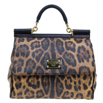 Pre Owned Dolce and Gabbana Leopard Print Leather Miss Sicily Bag