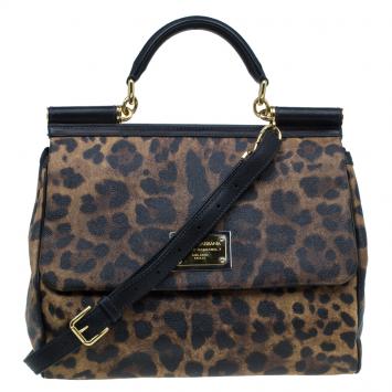 Pre Owned Dolce and Gabbana Leopard Print Coated Canvas Medium Miss Sicily Tote