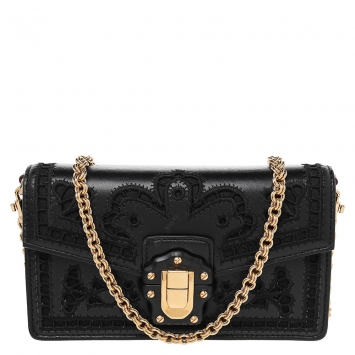 Pre Owned Dolce & Gabbana Black Leather Lace Embroidered Lucia Shoulder Bag 