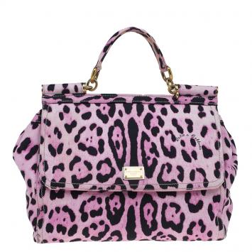 Pre Owned Dolce and Gabbana Pink Leopard Print Canvas Medium Miss Sicily Tote