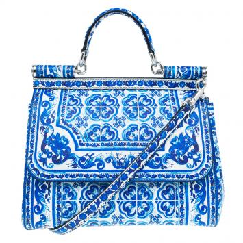 Pre Owned Dolce and Gabbana Blue Majolica Print Leather Medium Miss Sicily Tote