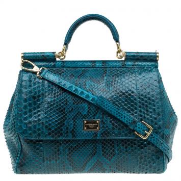 Pre Owned Dolce and Gabbana Blue Python Medium Miss Sicily Top Handle Bag