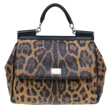 Pre Owned Dolce and Gabbana Leopard Print Coated Canvas Medium Miss Sicily Tote
