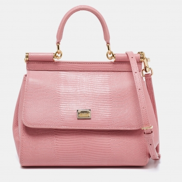 Pre Owned Dolce & Gabbana Pink Lizard Embossed Leather Small Miss Sicily Top Handle Bag