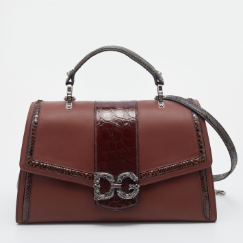 Pre Owned Dolce & Gabbana Burgundy Leather/Crocodile and Python DG Amore Top Handle Bag