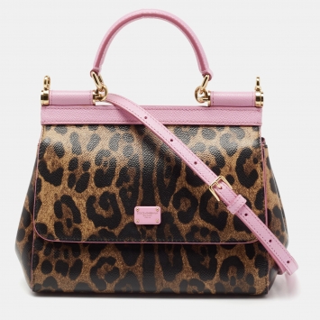 Pre Owned Dolce & Gabbana Brown/Pink Leopard Print Coated Canvas and Leather Small Miss Sicily Top Handle Bag