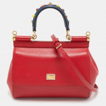 Pre Owned Dolce & Gabbana Red Leather Small Miss Sicily Top Handle Bag