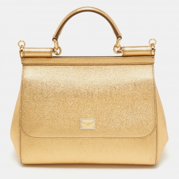 Pre Owned Dolce & Gabbana Metallic Gold Leather Medium Miss Sicily Top Handle Bag