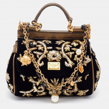 Pre Owned Dolce & Gabbana Black/Gold Velvet and Leather Embellished Miss Sicily Top Handle Bag