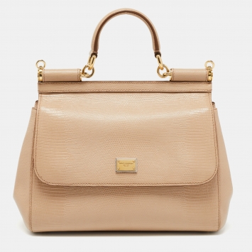 Pre Owned Dolce & Gabbana Beige Iguana Embossed Leather Medium Miss Sicily Top Handle Bag