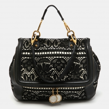 Pre Owned Dolce & Gabbana White/Black Crochet and Leather Miss Sicily Top Handle Bag