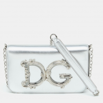 Pre Owned Dolce & Gabbana Silver Leather DG Girls Shoulder Bag