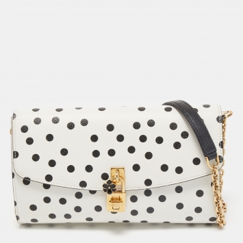 Pre Owned Dolce & Gabbana White/Black Polka Dot Leather Padlock Chain Clutch