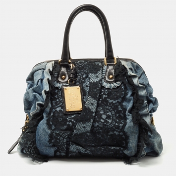 Pre Owned Dolce & Gabbana Blue/Black Denim And Lace Miss Rouche Distressed Satchel