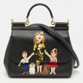 Pre Owned Dolce & Gabbana Black Leather Medium Family Patch Sicily Top Handle Bag