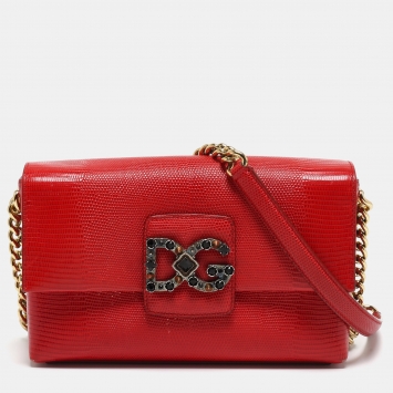 Pre Owned Dolce & Gabbana Red Lizard Embossed Leather DG Millennials Shoulder Bag