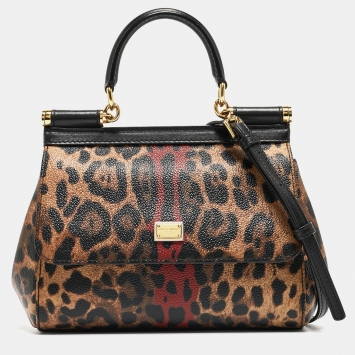 Pre Owned Dolce & Gabbana Black/Brown Leopard Print Coated Canvas Small Miss Sicily Top Handle Bag