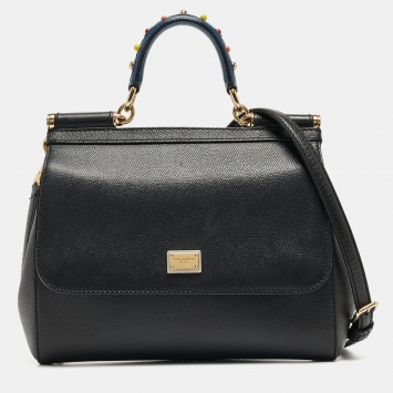Pre Owned Dolce & Gabbana Black Leather Medium Miss Sicily Top Handle Bag