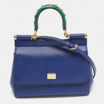 Pre Owned Dolce & Gabbana Blue Leather Small Miss Sicily Top Handle Bag