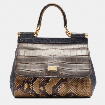Pre Owned Dolce & Gabbana Multicolor Mixed Exotic and Leather Small Miss Sicily Top Handle Bag