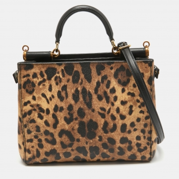 Pre Owned Dolce & Gabbana Black/Brown Leopard Print Coated Canvas and Leather Sicily 62 Tote