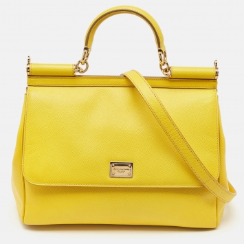 Pre Owned Dolce & Gabbana Yellow Leather Large Miss Sicily Top Handle Bag