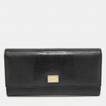 Pre Owned Dolce & Gabbana Black Lizard Embossed Leather Flap Continental Wallet