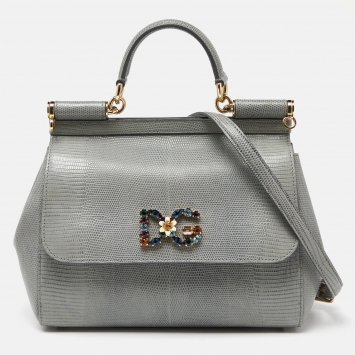 Pre Owned Dolce & Gabbana Grey Lizard Embossed Leather Medium Miss Sicily Top Handle Bag