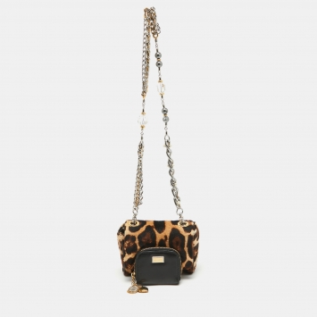 Pre Owned Dolce & Gabbana Black/Beige Leopard Print Calfhair and Leather Mini Miss Charles Bag