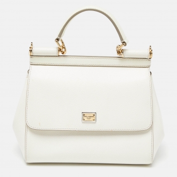 Pre Owned Dolce & Gabbana Off White Leather Small Miss Sicily Top Handle Bag