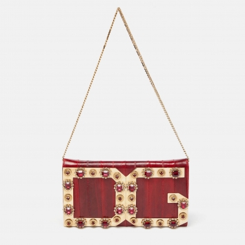 Pre Owned Dolce & Gabbana Red Eel Leather DG Gems Stone Embellished Wallet on Chain