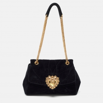 Pre Owned Dolce & Gabbana Black Quilted Velvet Large Devotion Shoulder Bag