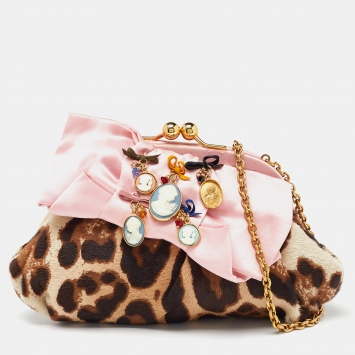 Pre Owned Dolce & Gabbana Brown Leopard Print Pony Hair and Satin Embellished Kisslock Chain Clutch