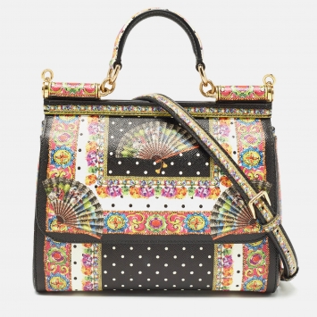 Pre Owned Dolce & Gabbana Multicolor Fan Foulard Printed Leather Medium Sicily Top Handle Bag