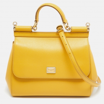 Pre Owned Dolce & Gabbana Yellow Leather Medium Miss Sicily Top Handle Bag