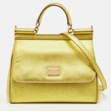 Pre Owned Dolce & Gabbana Metallic Green Leather Medium Miss Sicily Top Handle Bag