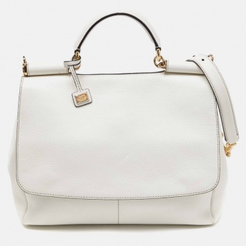 Pre Owned Dolce & Gabbana Off White Leather Large Miss Sicily Top Handle Bag