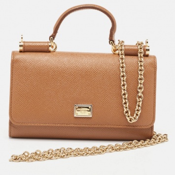 Pre Owned Dolce & Gabbana Brown Leather Miss Sicily Von Wallet on Chain
