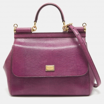 Pre Owned Dolce & Gabbana Purple Lizard Embossed Leather Medium Miss Sicily Top Handle Bag