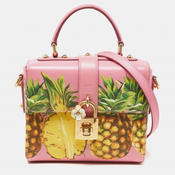 Pre Owned Dolce & Gabbana Pink Pineapple Print Leather Box Top Handle Bag