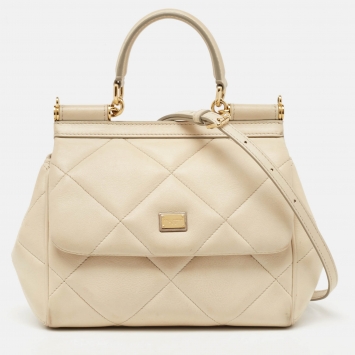 Pre Owned Dolce & Gabbana Beige Leather Small Miss Sicily Top Handle Bag
