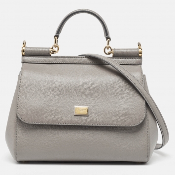 Pre Owned Dolce & Gabbana Grey Leather Medium Miss Sicily Top Handle Bag