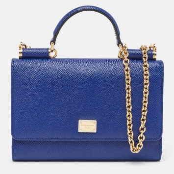 Pre Owned Dolce & Gabbana Blue Leather Sicily Smart Gloss Wallet on Chain